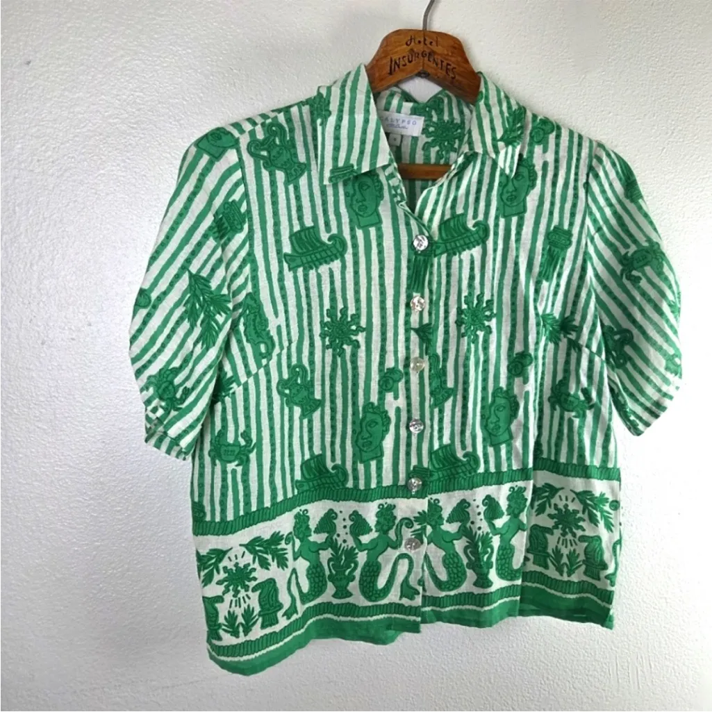 NWT Calypso St. Barth Greek Green and Cream Patterned Blouse size small - Image 9