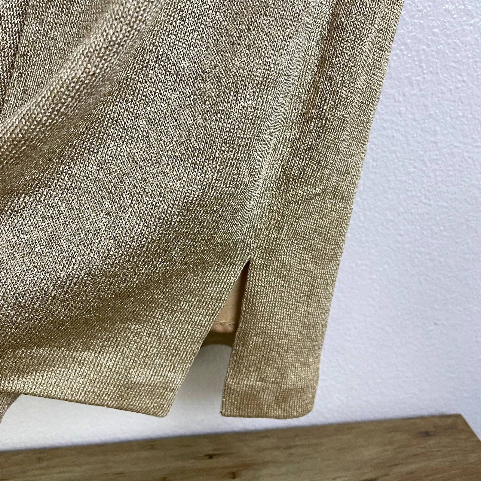 St John Couture Dress Womens 12 Gold Metallic Short Sleeve Knit Button Midi - Image 5