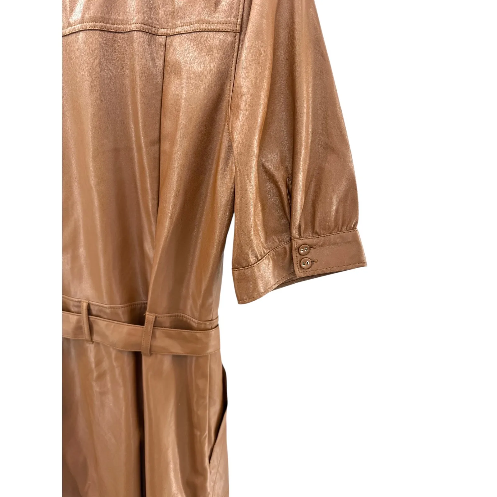 PAIGE Mayslie Vegan Faux Leather‎ Belted Dress Brown Short Sleeve Button Front - Image 4