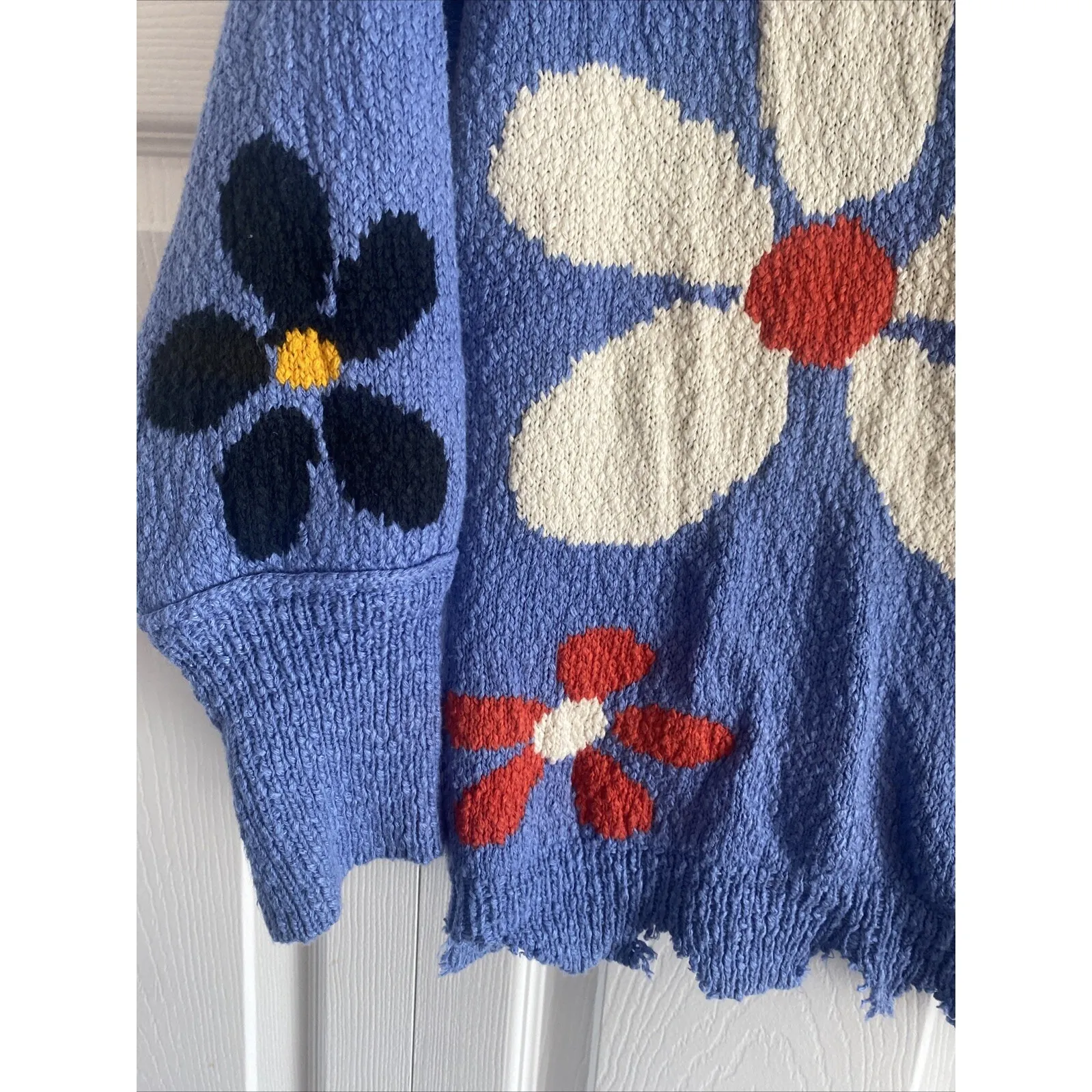 Urban Outfitters Women's Small Floral Blue Oversized Sweater Boho Fringe - Image 5