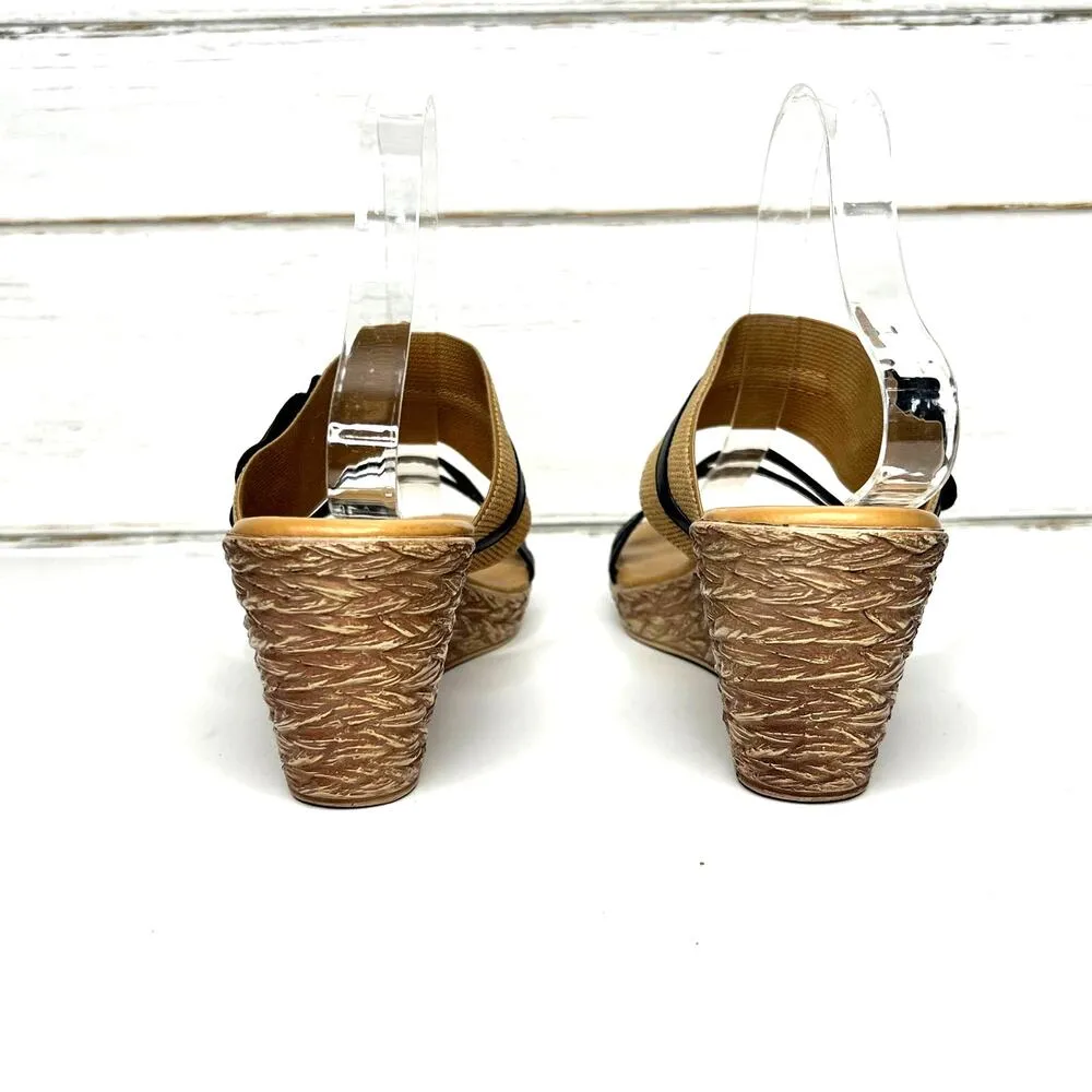 Via Veneto Slip On Wedge Sandals Tan Black Flower Size 10 - Image 6
