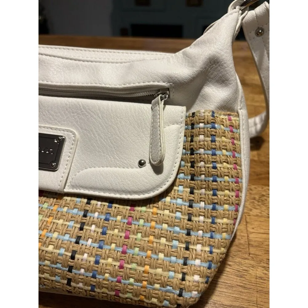 STONE & CO. Shoulder Bag White Faux Leather Multicolor Woven Straw Purse Boho - Image 4