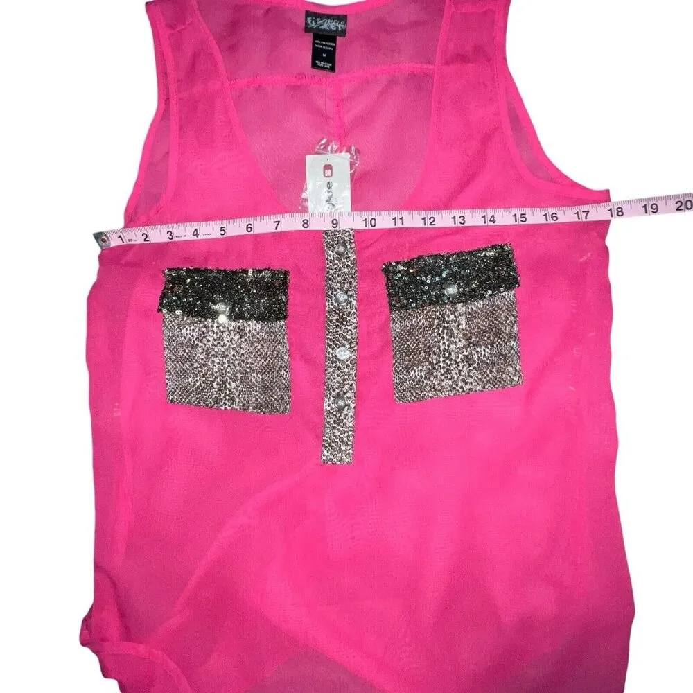 Daytrip  From Buckle Sequin Leopard Print Sheer Tank Top‎ Medium Pockets Blouse - Image 5