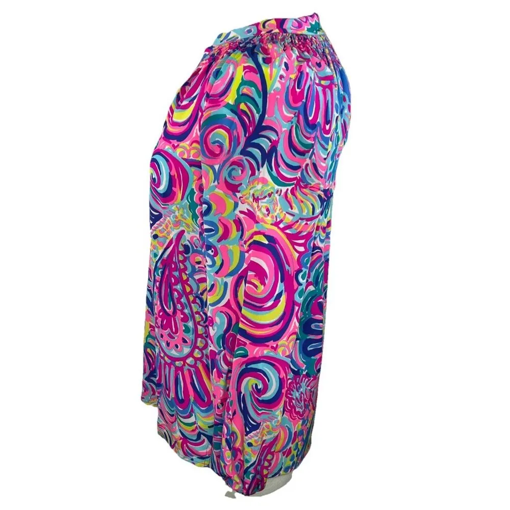 Lilly Pulitzer Size XXS Elsa 100% Silk Top Psychedelic Sunshine Bright Pink Blue - Image 3
