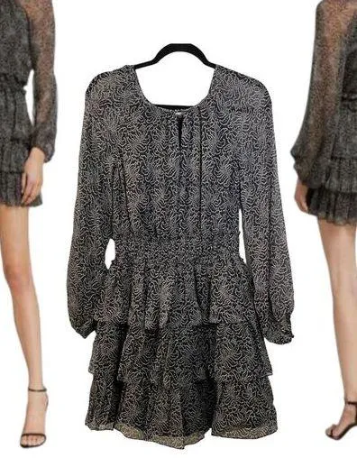 Cinq a Sept Black Long Sleeve Fit and Flare Mini Dress Tiered Skirt Size 6 NEW - Image 1
