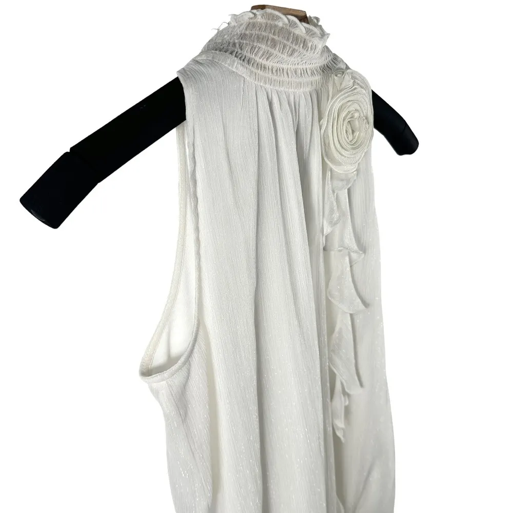 | I.N. San Francisco | White Shimmer Smocked Neck Sleeveless Floral Detail Top - Image 5