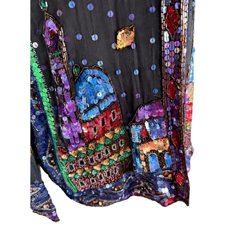 Vintage Sequin Together! Wearable Art Silk Jacket Storybook Cityscape Size M Black Size M - Image 6