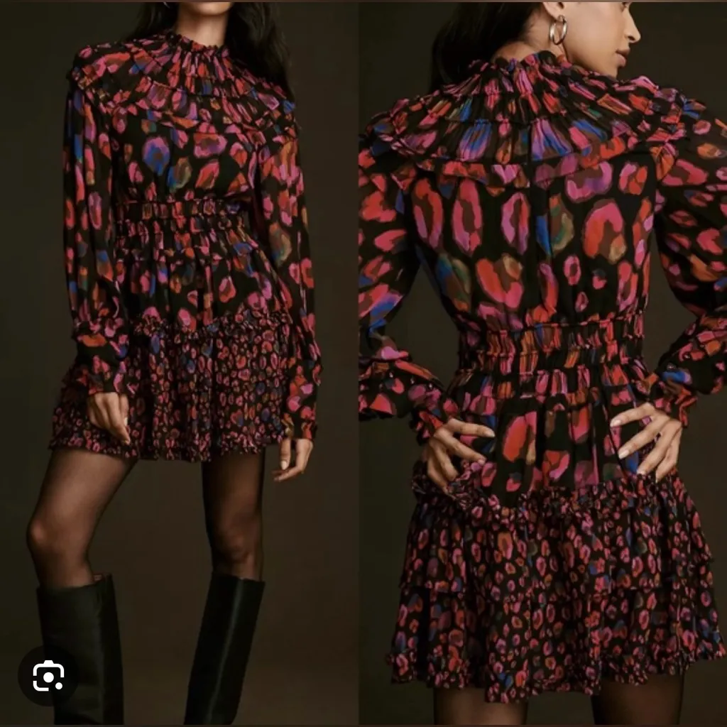 Farm Rio XS Iridescent Leopard Ruffled Mini Dress Black Pink  Tiered Long Sleeve - Image 4