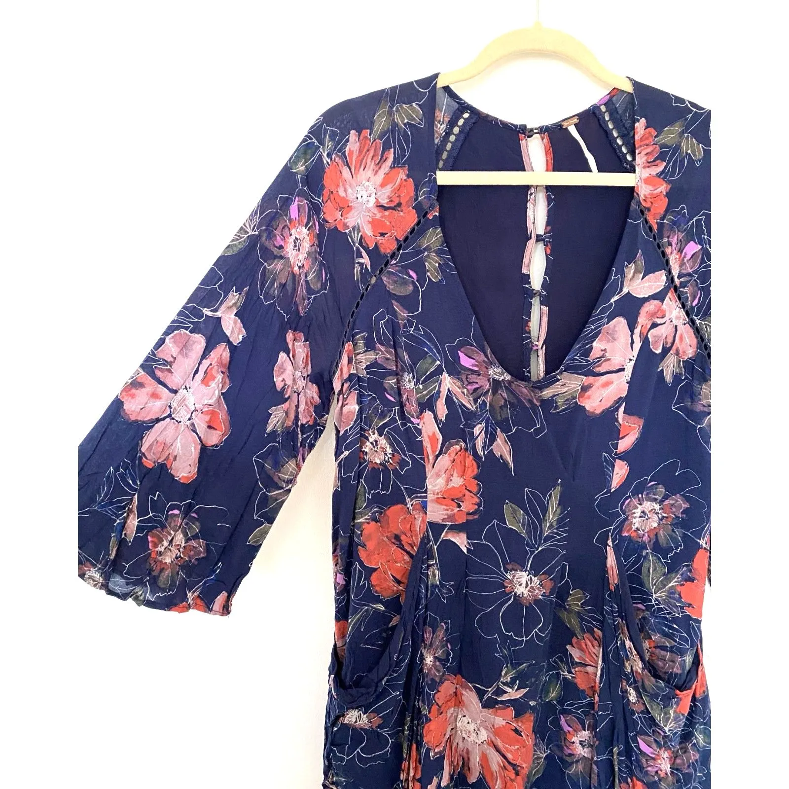 Free People Blue All Eyes on You Boho Floating Floral V Neck Mini Dress Sz 10 - Image 9