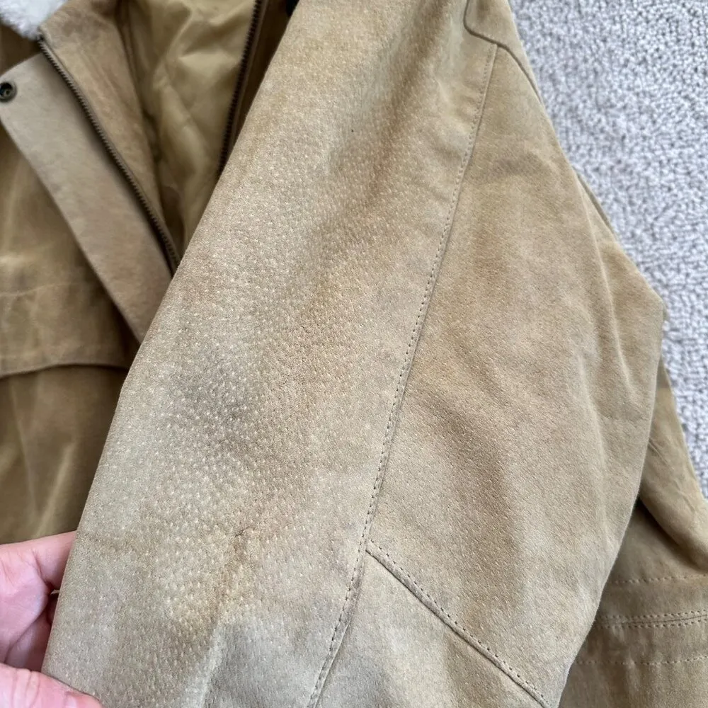 90s Tan Marsh Landing Suede Mid-Length Faux Fur Hooded Jacket  (LIST) - Image 15