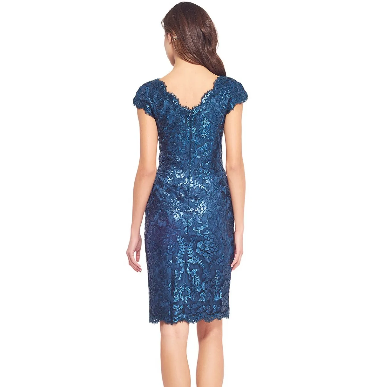 Tadashi Shoji Blue Paillette Embroidered Lace V-Neck Cap Sleeve Dress Size 6 - Image 2