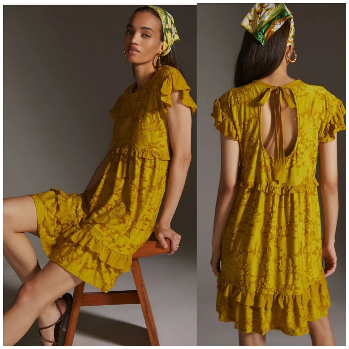 Anthropologie‎ Ruffle Knit Mini Dress Mustard Yellow XS Open Back Short Sleeve - Image 2