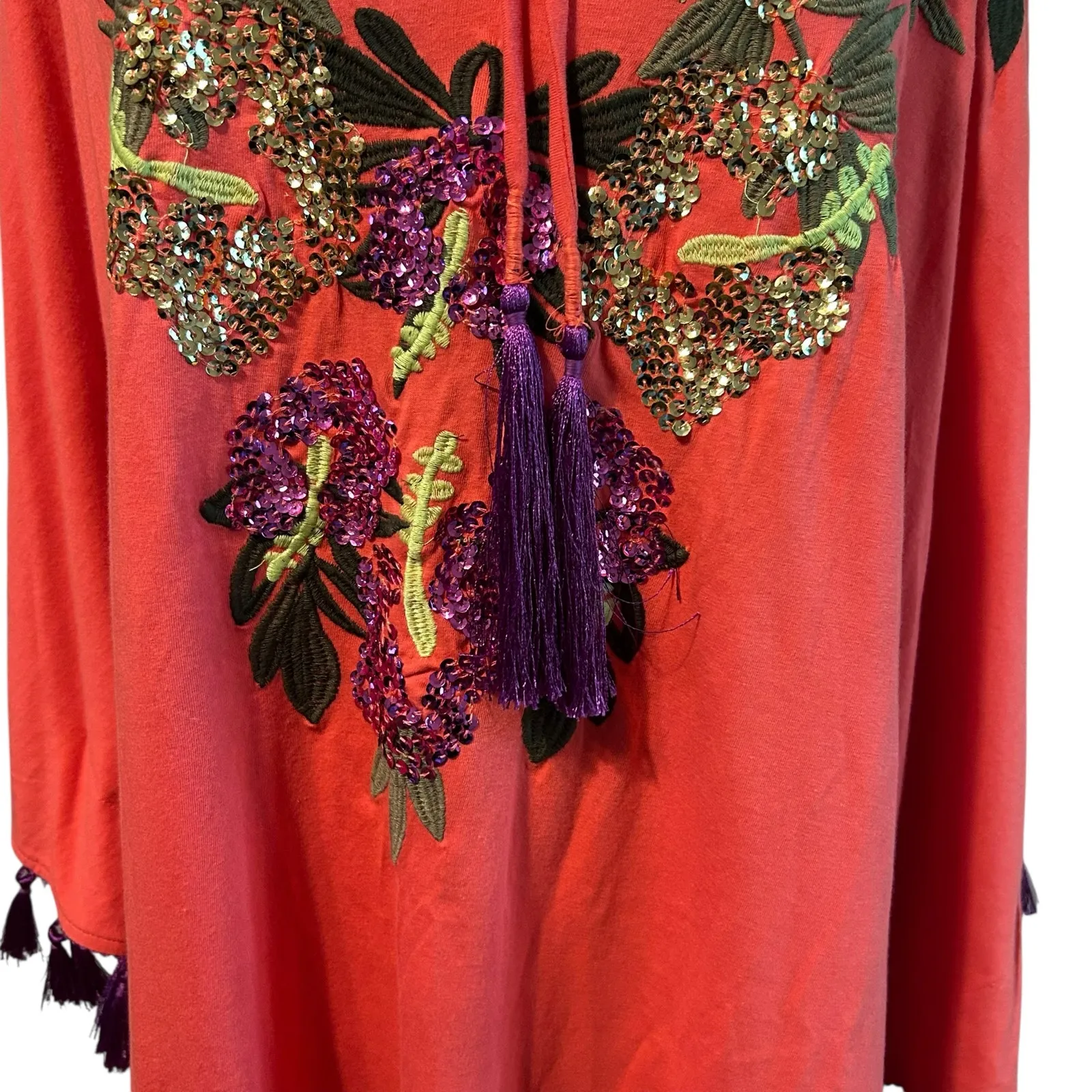 Roamans Top Poncho NWOT 3X 30/32 Embroidery Sequins Tassel Tie Art to Wear Orange - Image 4