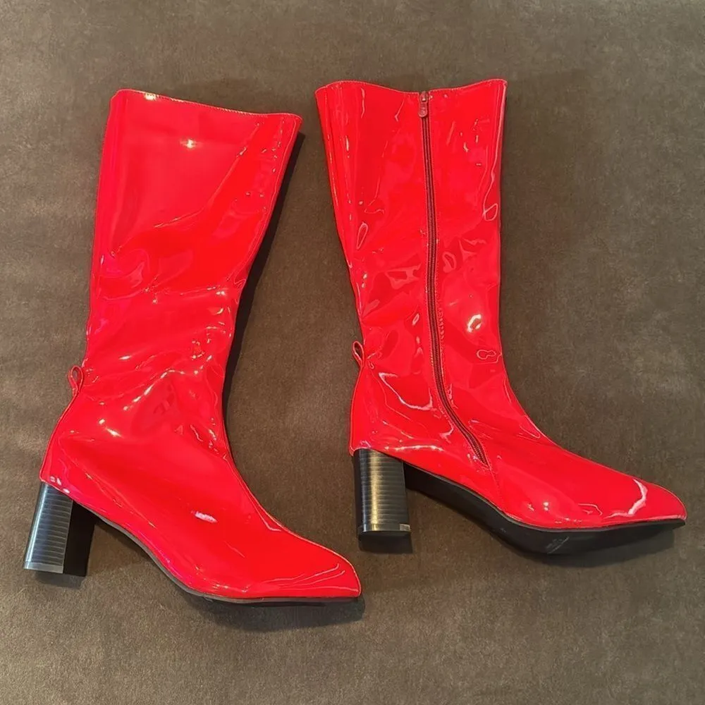 Women’s Shiny Red Knee High Zip Up Block Heel Boots Size 12 NEW - Image 11