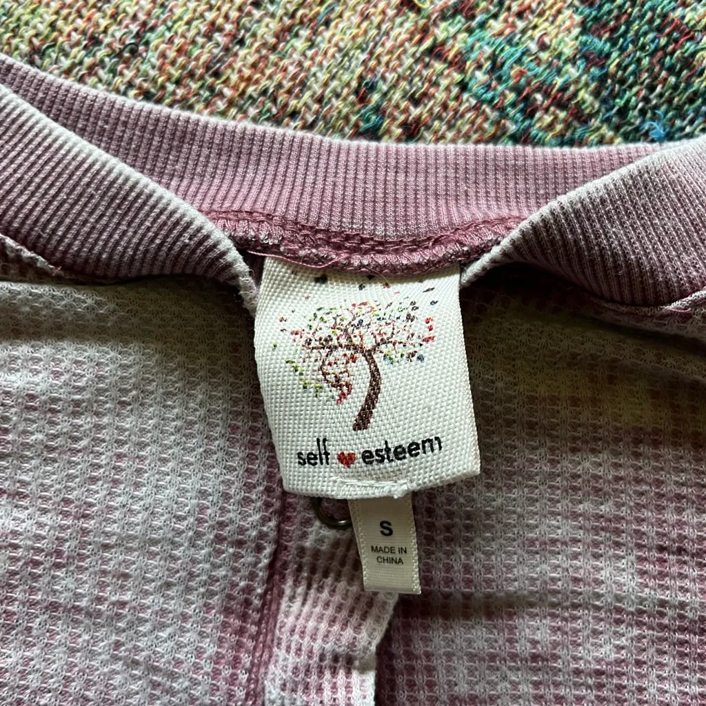 Self Esteem Pink Faded Cropped Polo Sweatshirt 1/4 Button Lightweight SZ S - Image 11