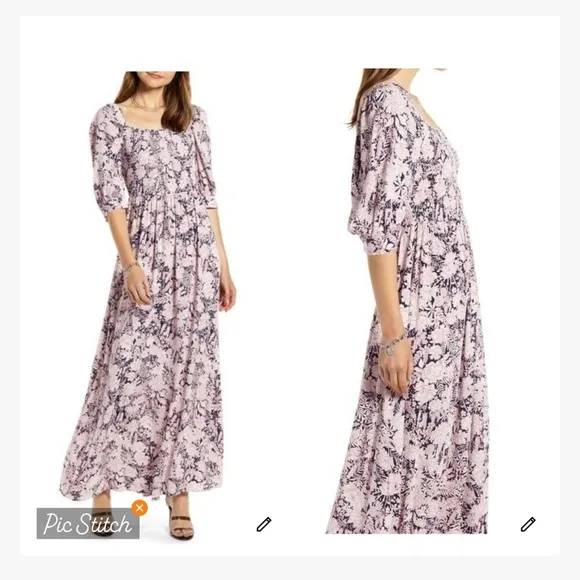 Something Navy Floral Smocked Maxi/Midi Dress Pink Navy - Image 2