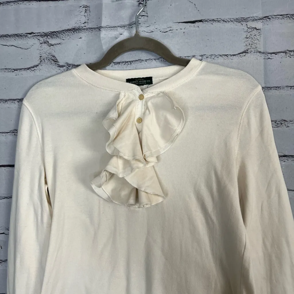 Lauren Jeans Co Ruffle Front ¼-Button Long Sleeve White Top Preppy M Blouse Y2K - Image 5