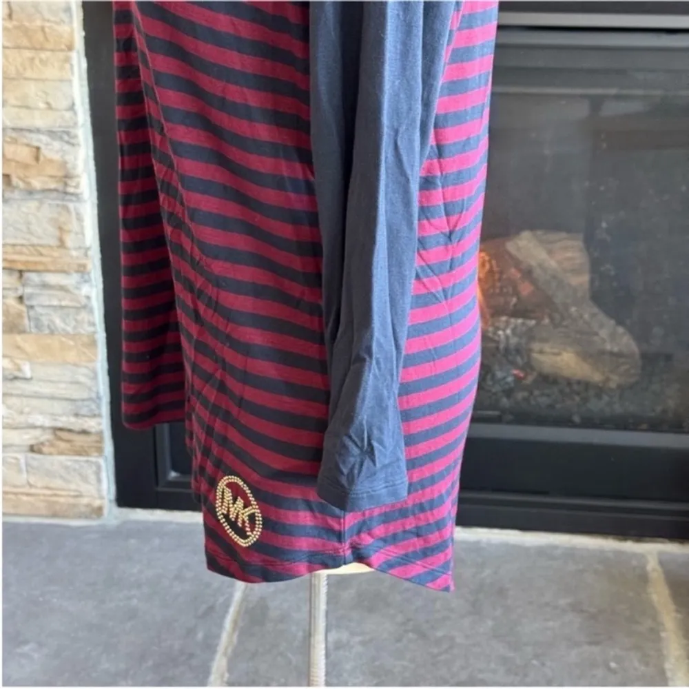 MICHAEL Michael Kors Navy and Burgundy Striped Long Sleeve Tee Blue Size L - Image 8