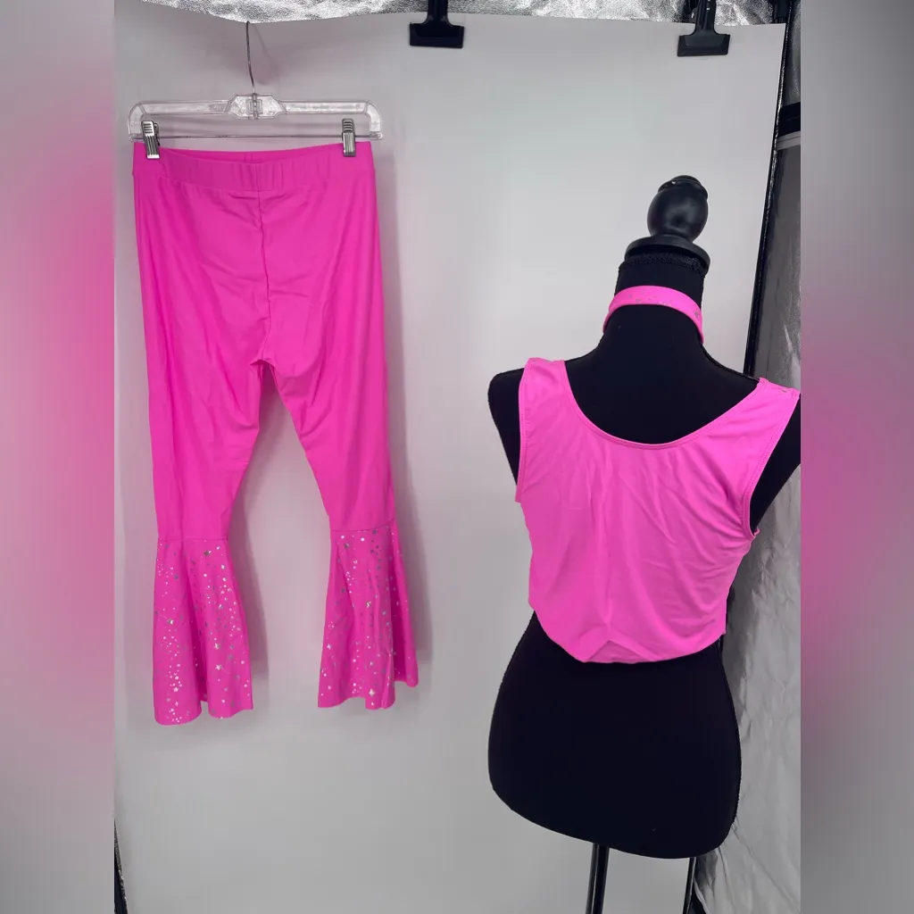 Hot Pink Outfit Set Crop Top‎ Bell Bottoms Star Accents Party Costume Size M - Image 4