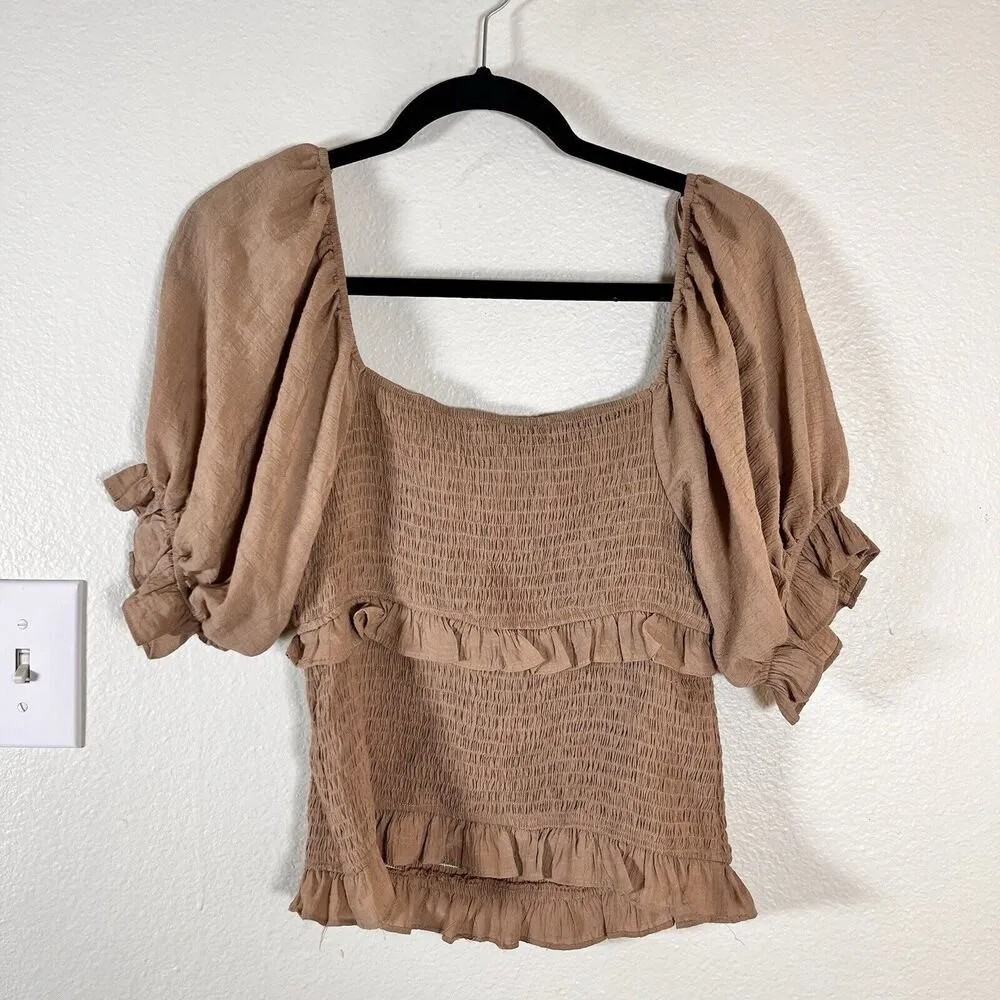 Mustard Seed  NWT Woman L Boho Ruffled Smocking Crop Top Rust Fall Balloon Sleeve - Image 3