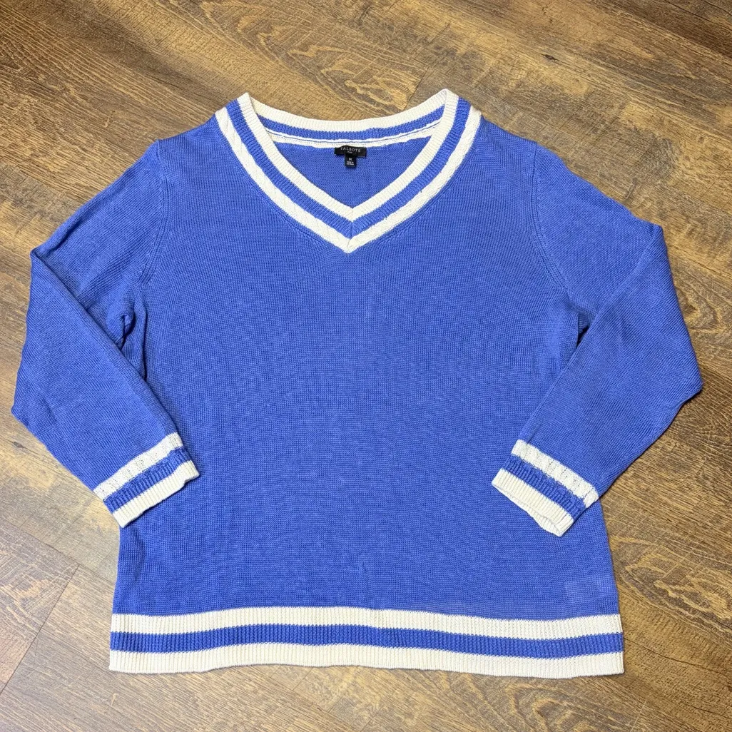 Talbots Plus V-neck Sweater 100% Linen Womens 1X Blue Tennis Preppy Cottagecore - Image 2