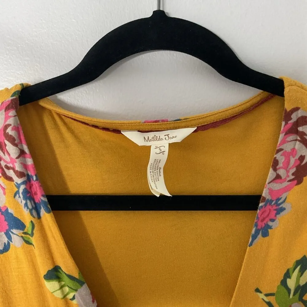 Matilda Jane Mustard Yellow Pink Floral Wrap V-neck Alana Maxi Dress Small - Image 3