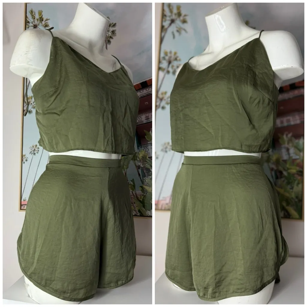 ASOS Olive Khaki Satin Crop Top & Shorts PJ Lounge 2-Piece Set Size Large - Image 4