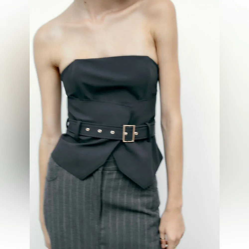 Zara NWOT dark gray strapless corset belted tube top - Image 4