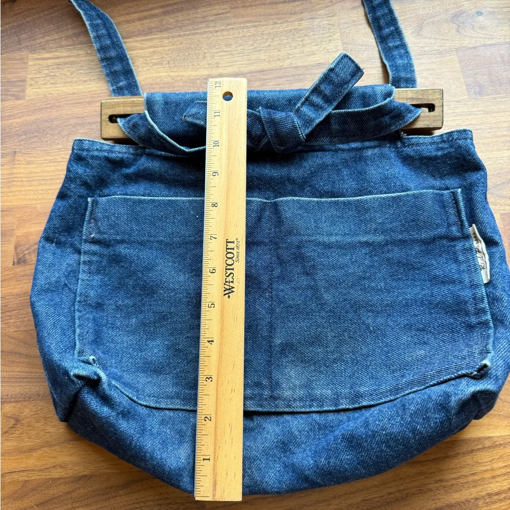 Denim shoulder‎ Bag with Wooden closure Blue - Image 8