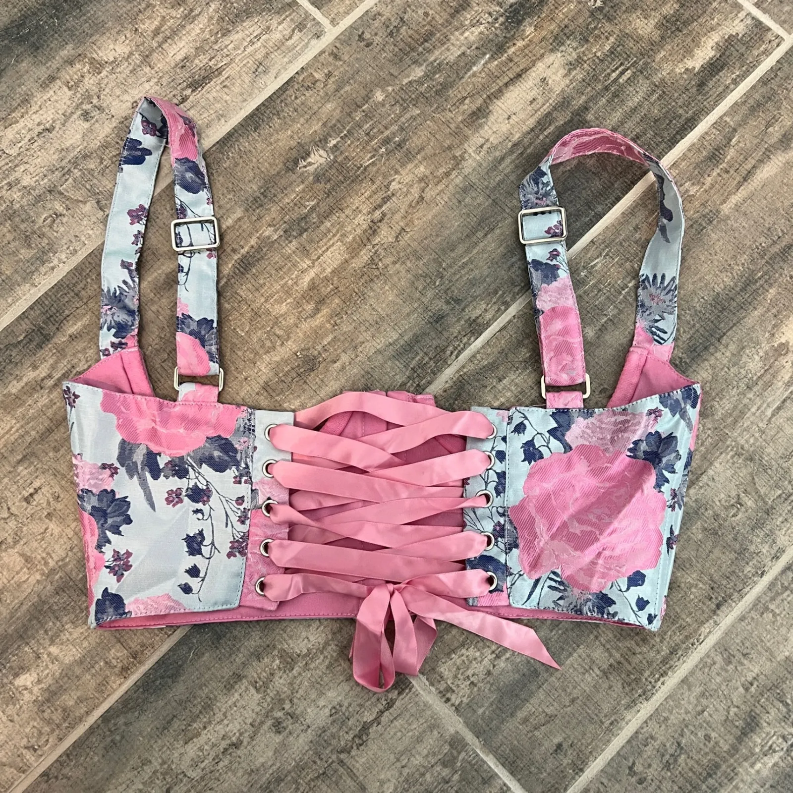 Sugar Thrillz Underbust Corset Top Light Blue Pink Floral Lace Up Bustier Size S - Image 2