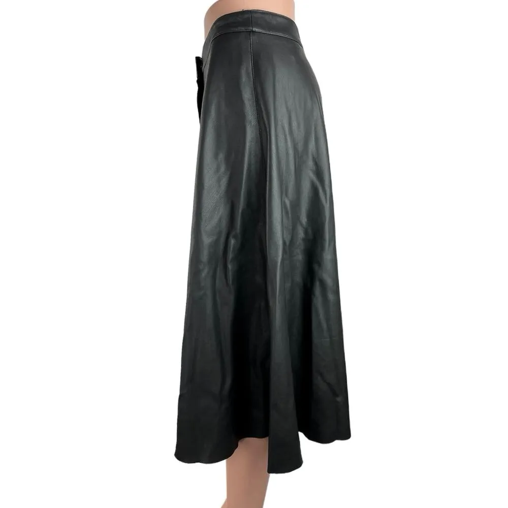 ZARA Women's Black Faux Leather Button Up Flared Calf Length A-Line Skirt Size S - Image 2