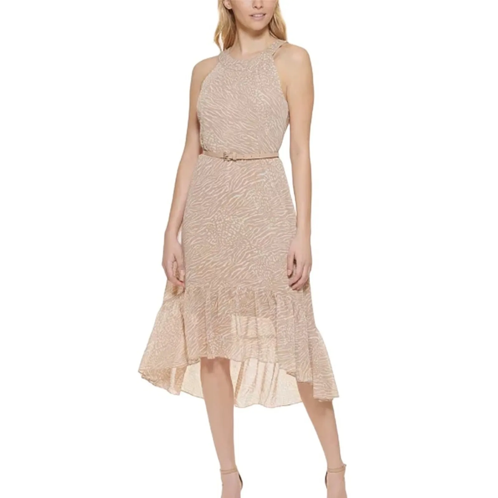 Tommy Hilfiger Womens Size 6 NEW High Low Tan Cream Flowy Halter Dress FLAW - Image 4