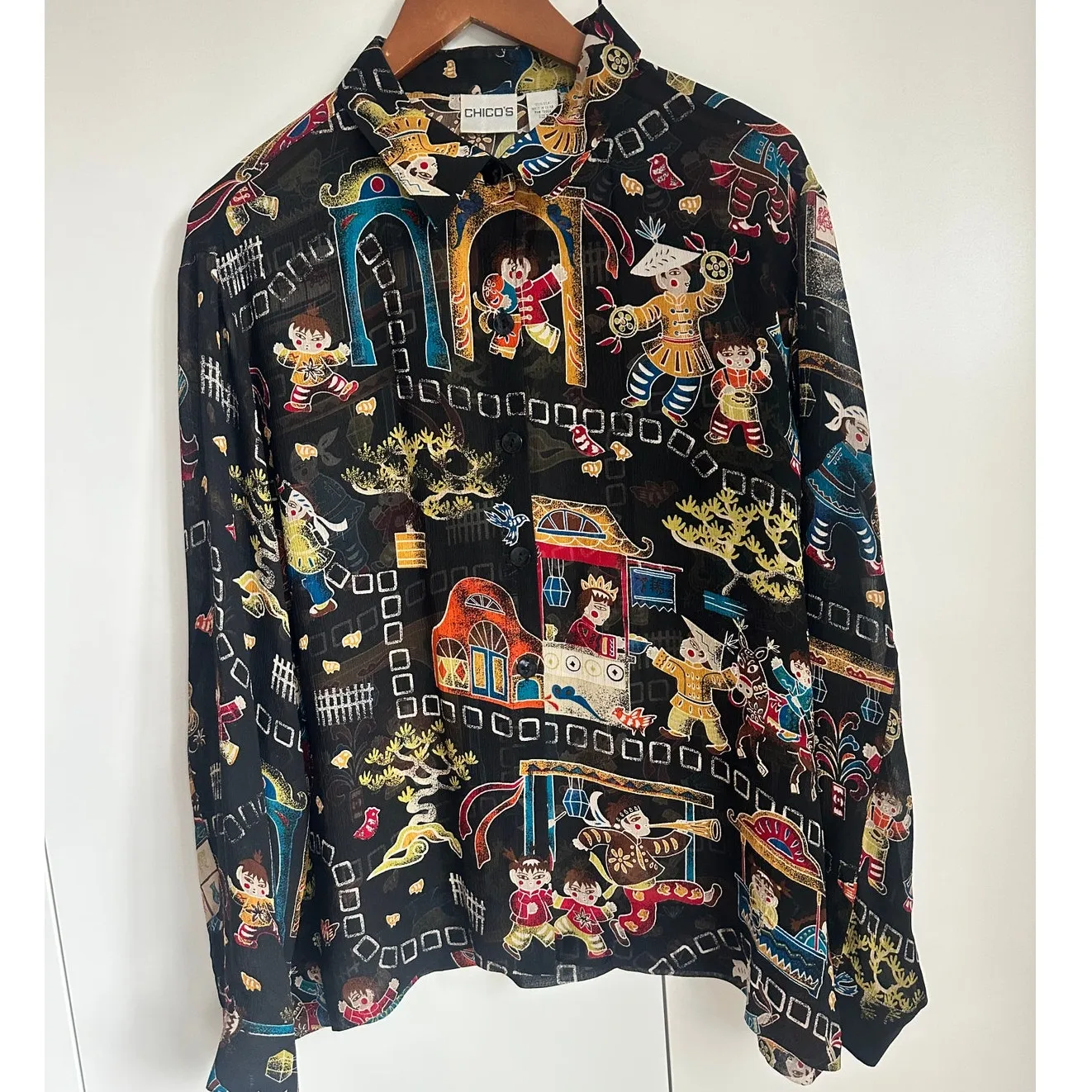 Vintage 90s Silk Asian Print Blouse Black/Multi Size 3/ Large Chicos Sheer - Image 2