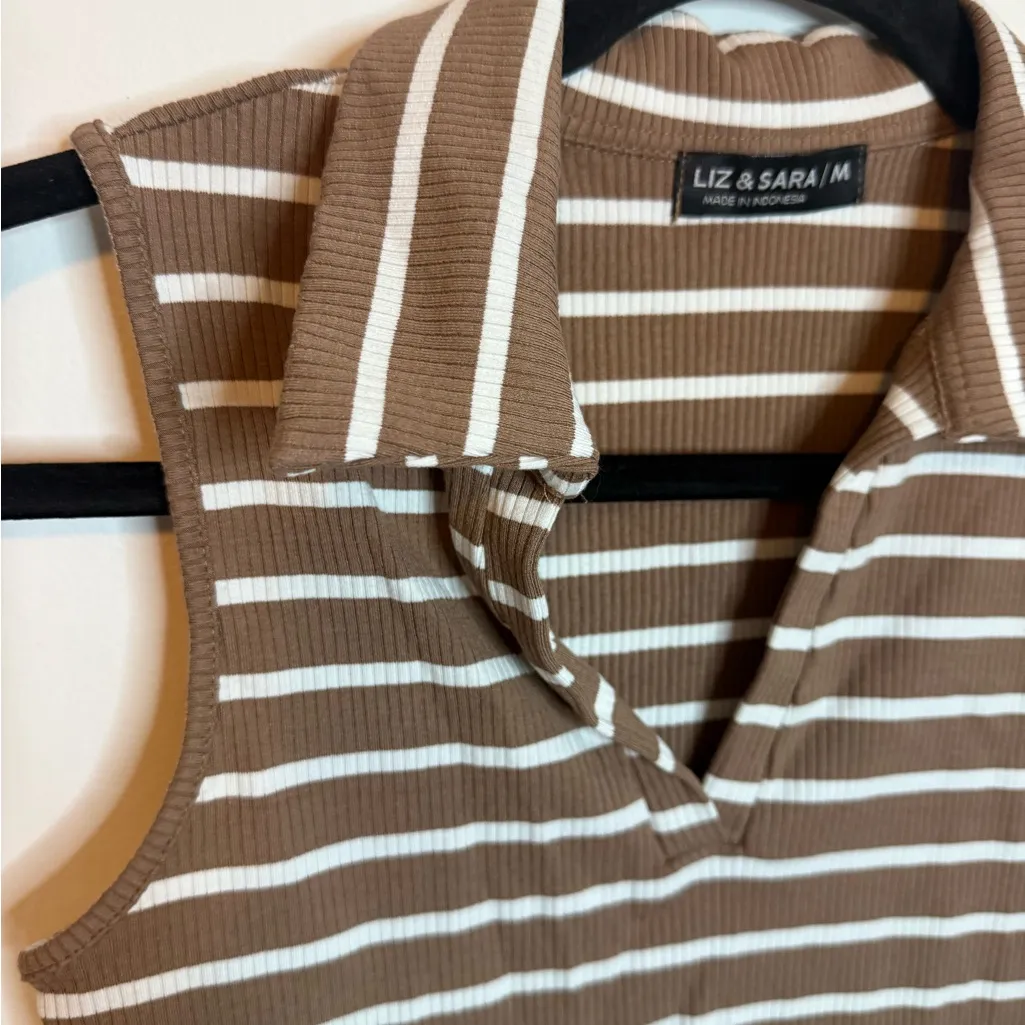 Liz & Sara Brown Striped Preppy Collar Cropped Top Size M - Image 6