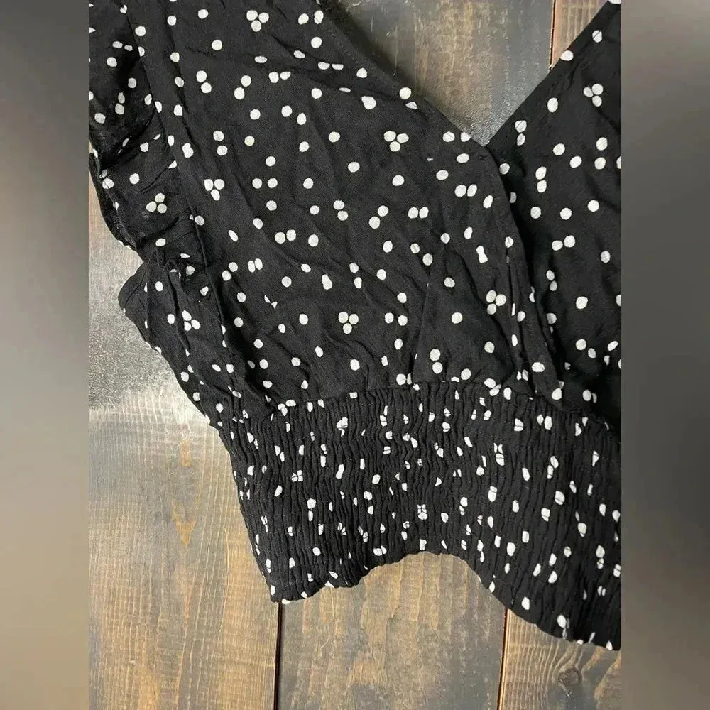 Polka Dot Ruffle Sleeve‎ Crop Top V-Neck Black and White Blouse A33 - Image 2