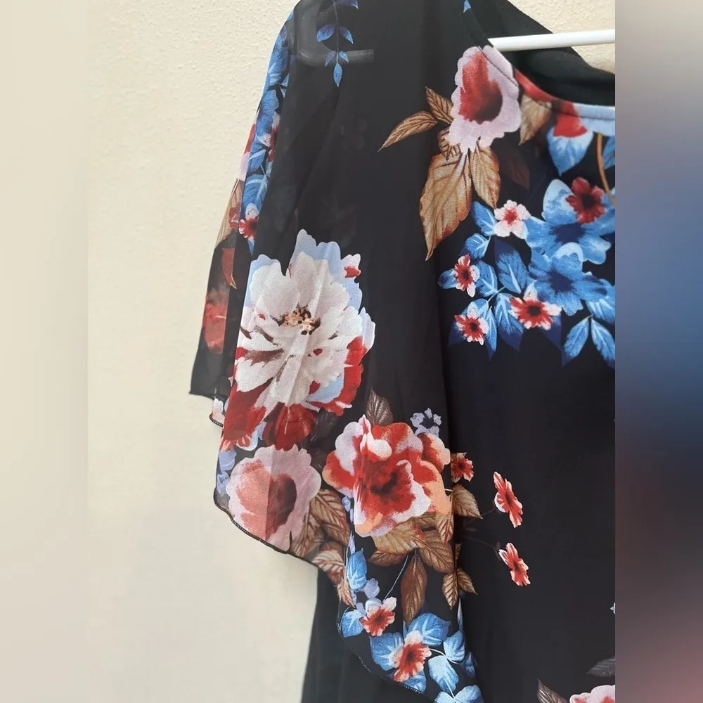 Curve Women’s Plus Size Red Blue Floral Half Chiffon Sheer Blouse 0XL Black - Image 5