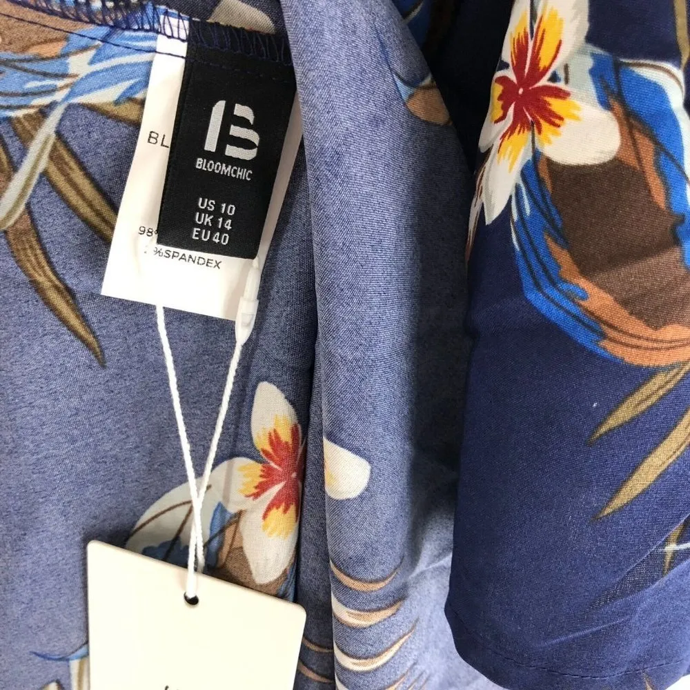 Bloomchic Floral Cold Shoulder Pocket Ruffle Belted High Low Hem Dress Navy 10 - Image 5