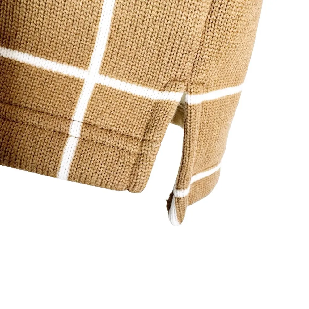 J. Crew Windowpane Fleece Lined Funnelneck Pullover Sweater Camel Tan Size M Size M - Image 8