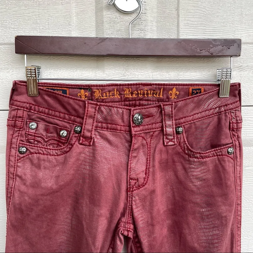 Rock Revival Womens Jeans Red Skinny Python Snake Print Fleur Di Lis 27 - Image 5