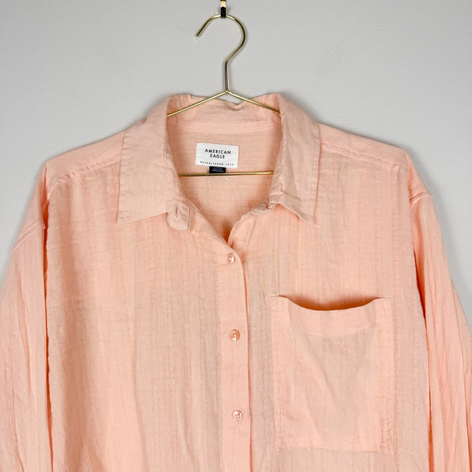 American Eagle Womens Perfect Button Up Shirt Peach Long Sleeve Relaxed Size‎ S - Image 7