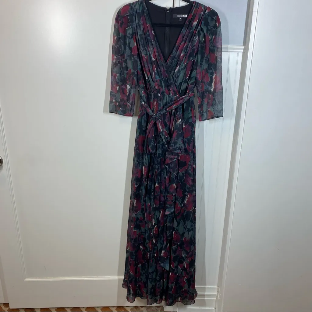 Badgley Mischka Pleated Floral Gown Size 4‎ Gray Black Burgundy formal wedding - Image 2