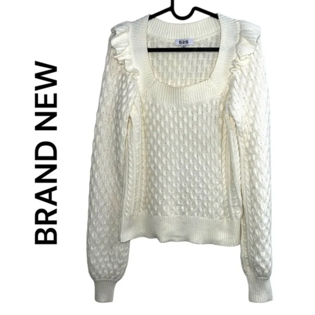 REVOLVE FAVORITE | 525 America Ruffle Cable Pullover boho Sweater White XSmall - Image 5