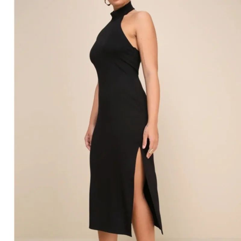 Lulus NWOT Simply Enchanted Black Butter Soft Halter Bodycon Midi Dress Large - Image 2