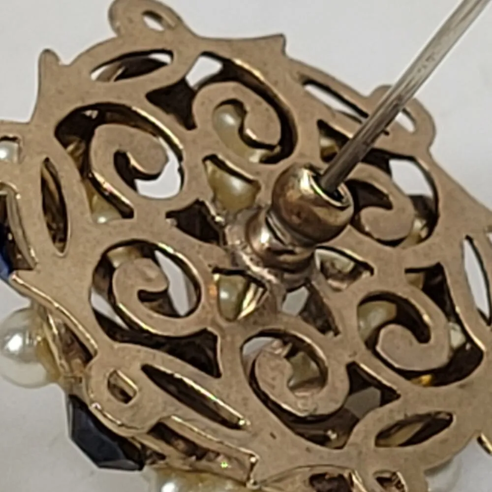 Antique Rhinestone Seed Pearl Hat Pin 4" Metallic Blue Golden Flower Lapel Stick Gold - Image 8