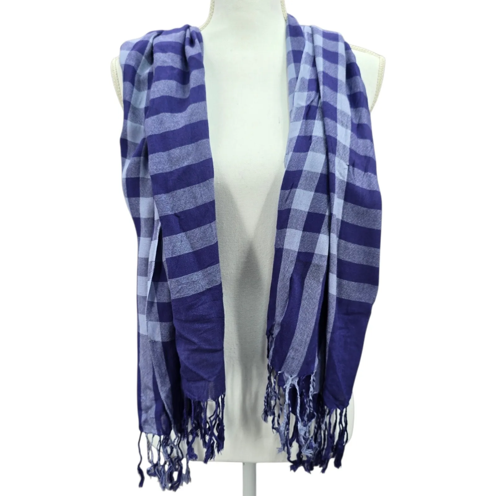 Plaid Y2K VTG Cottage Long Fringe Academia Tartan Cozy Wrap Shawl Scarf OS Purple - Image 3