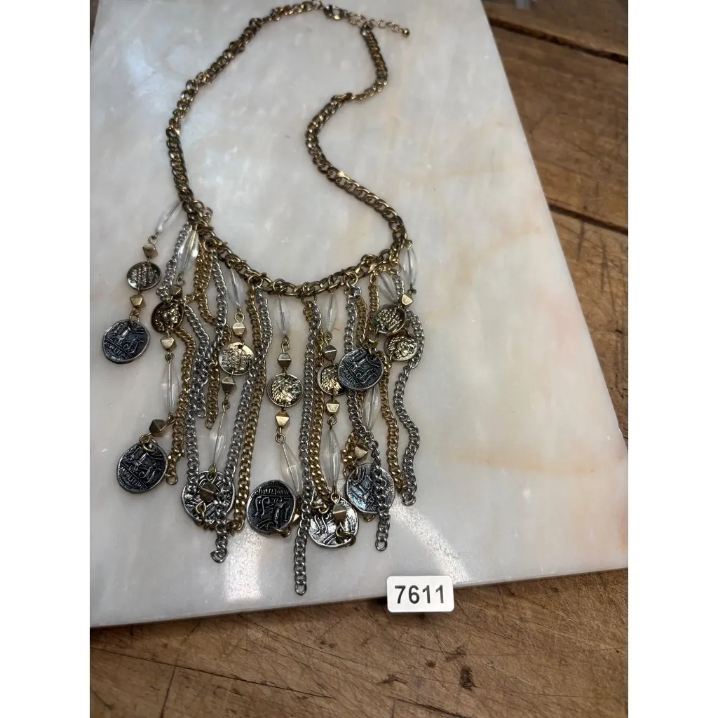 Vintage Gold & Silver Tone Coin Statement Necklace With Clear Beads & Chain Frin - Image 11