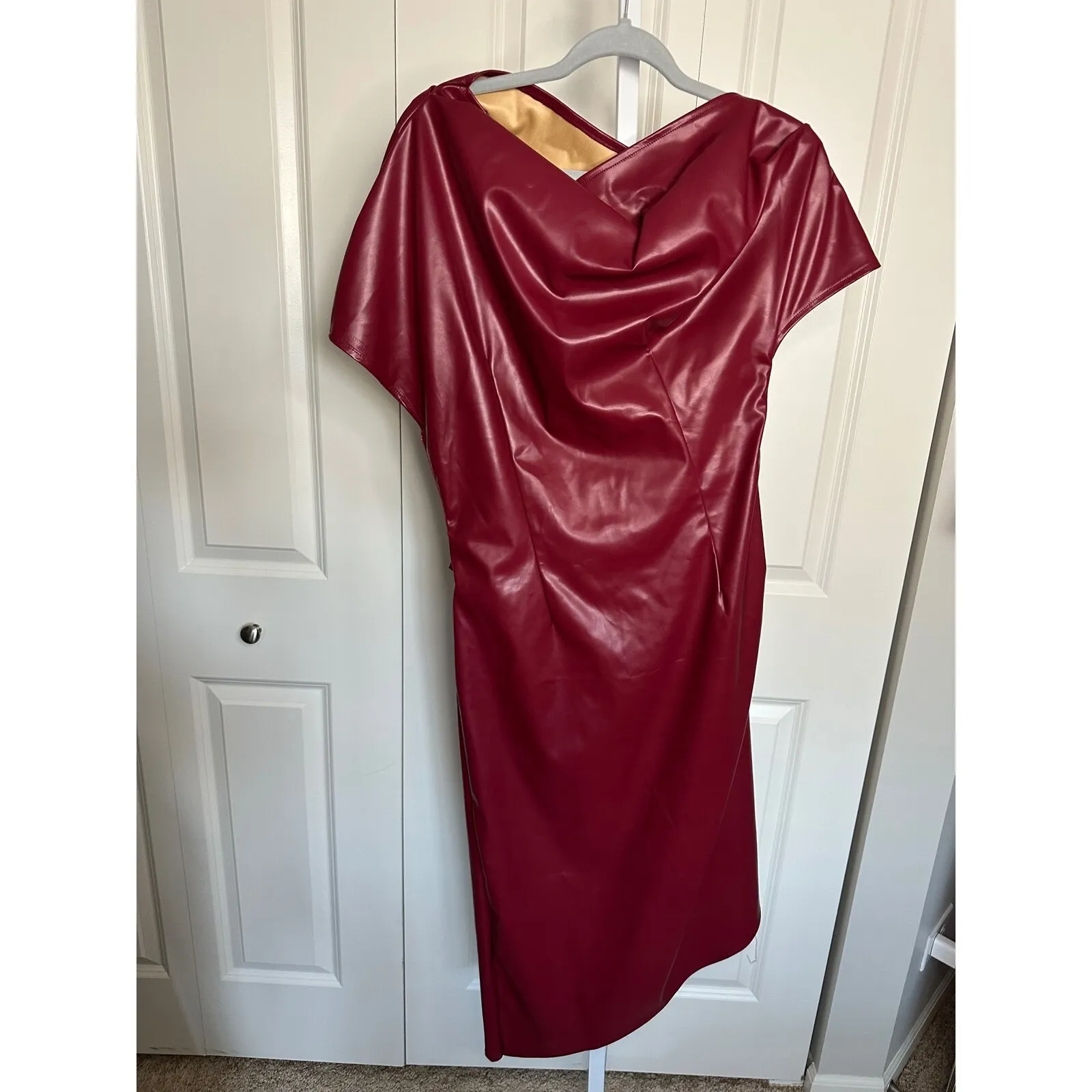 MICAS‎ Faux Leather Dress Drape Neck Party Cocktail Maroon XL - Image 4