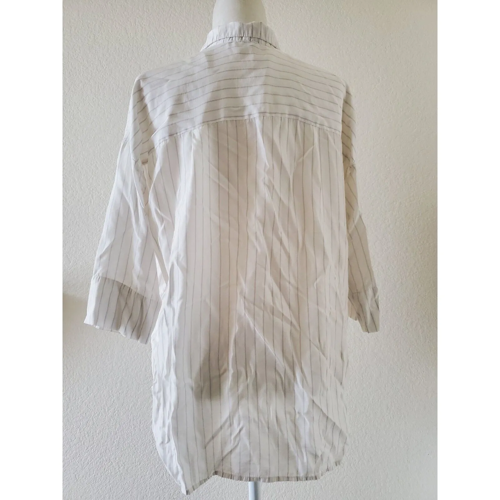 STRADIVARIUS Shirt Women Small White Striped 3/4 Sleeve Button High-Low - Image 4
