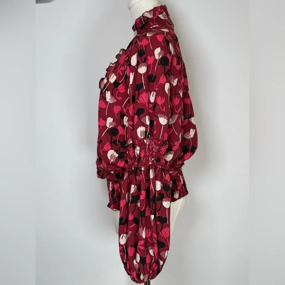 CAbi | Corsage Blouse Red Black Pink Floral Gathered Waist Women’s Size Small - Image 3