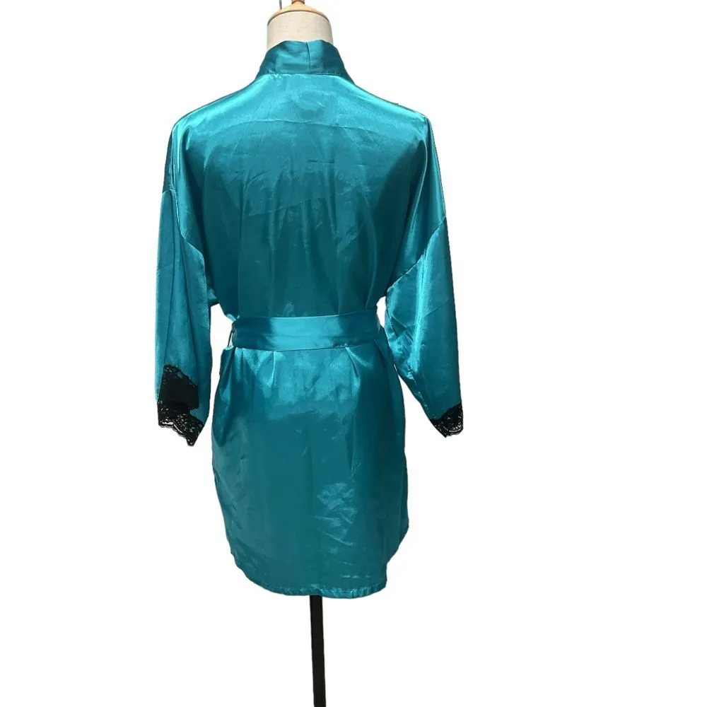 Fredericks of Hollywood Blue Satin Short Kimono Robe Lace‎ Trim Pockets Size M - Image 4